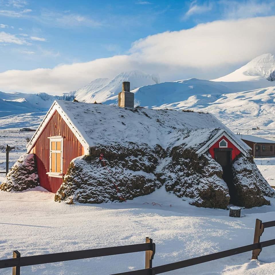 Turf house covered in snow